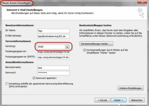 Imap-Konto in Outlook 2010 einrichten